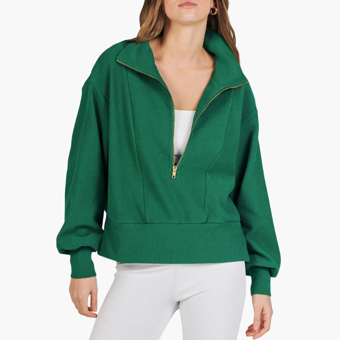 Women's sporty athleisure pullover with high stand-up collar, front zip closure, active fit