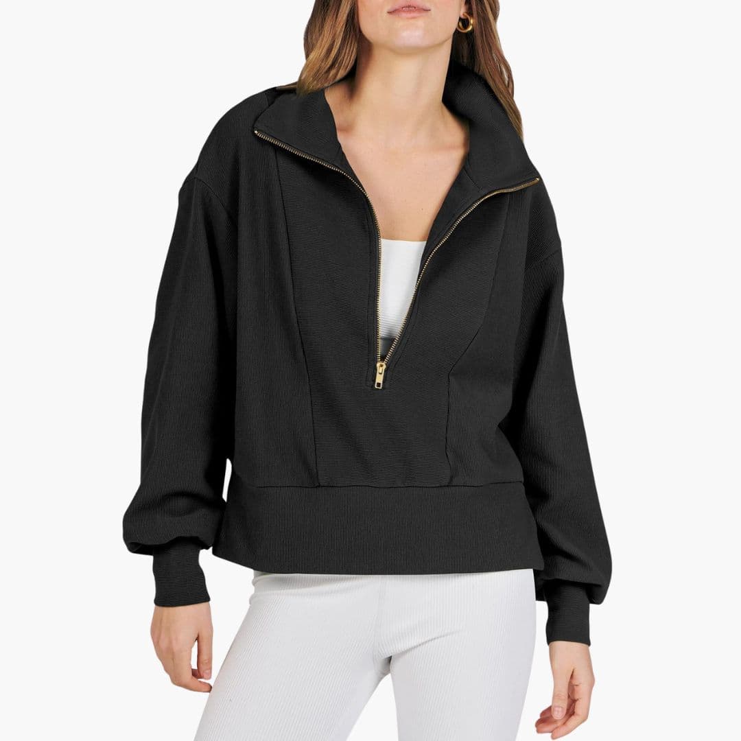 Women's sporty athleisure pullover with high collar front zip, slim active fit for daily wear