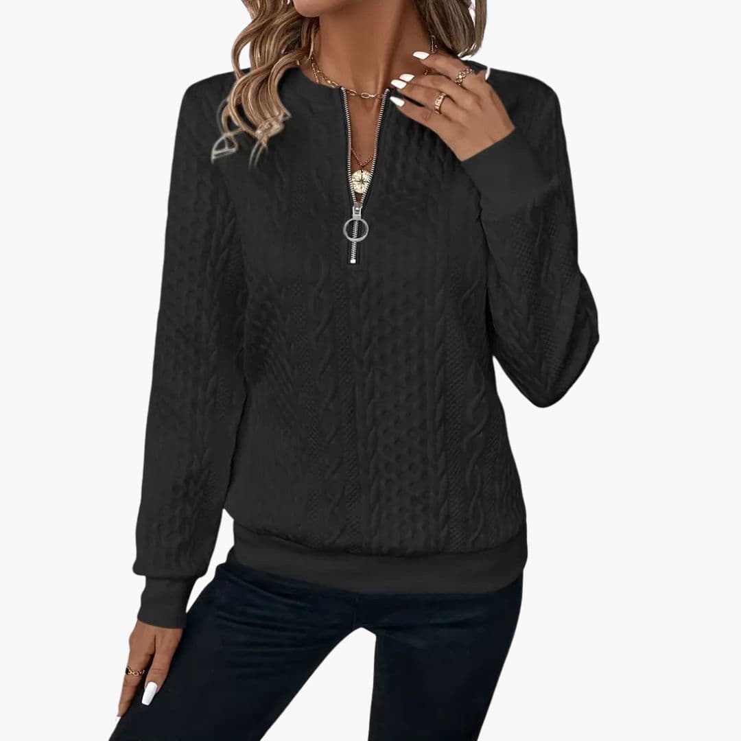 Women's cable knit sweater zip collar ribbed cuffs cozy chic twisted texture everyday style