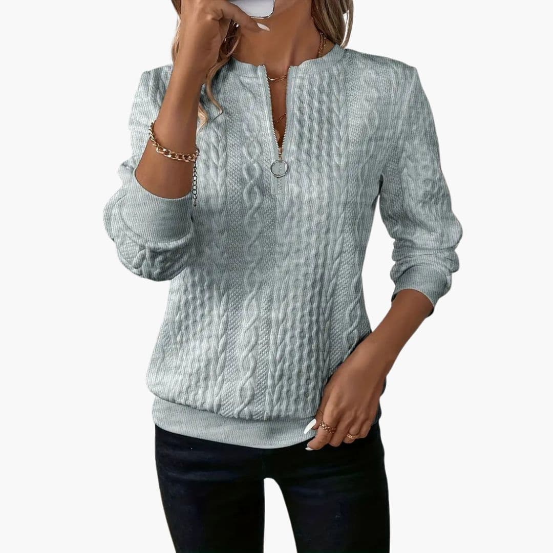 Women's cable knit sweater with zip collar, ribbed cuffs, twisted texture, cozy everyday chic style