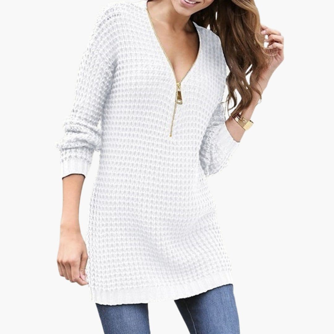 Women's zip-up V-neck sweater textured knit straight silhouette versatile layering everyday chic