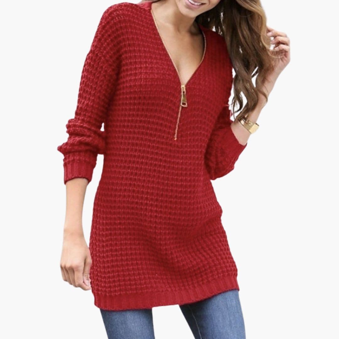 Women's zip-up V-neck sweater textured knit straight silhouette versatile layering everyday chic
