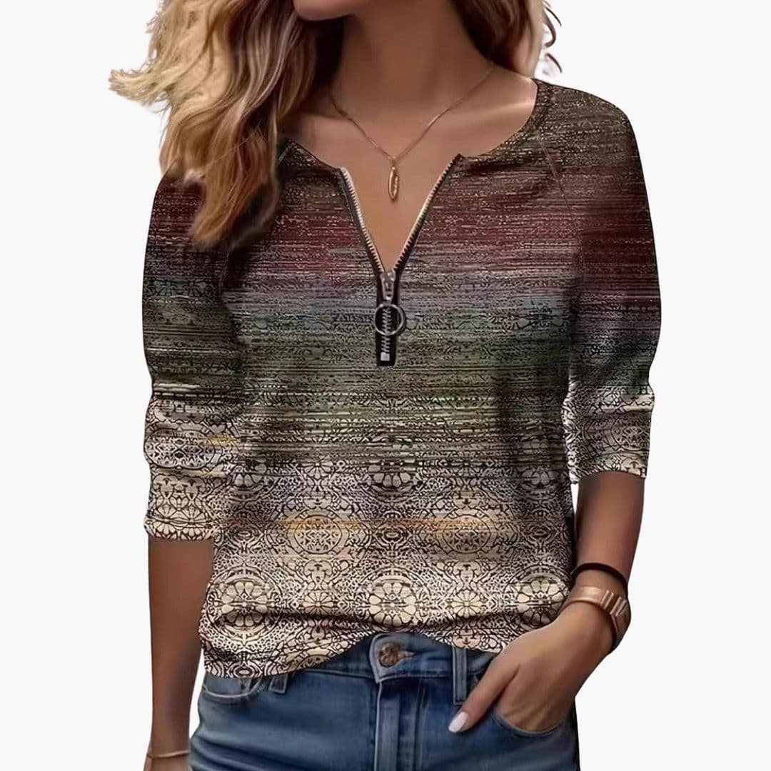 Women's multicolor striped textured knit zip-up sweater with front collar zip for versatile layering