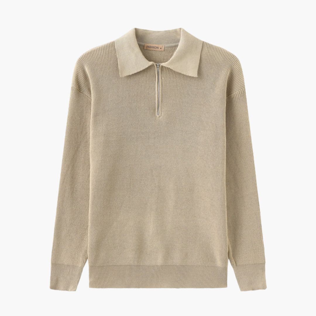 Men's mid-height zip collar textured knit pullover sweater with ribbed cuffs casual everyday wear