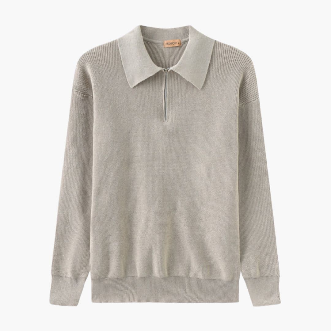 Men's mid-height zip collar knit pullover sweater in solid color with ribbed cuffs and textured finish