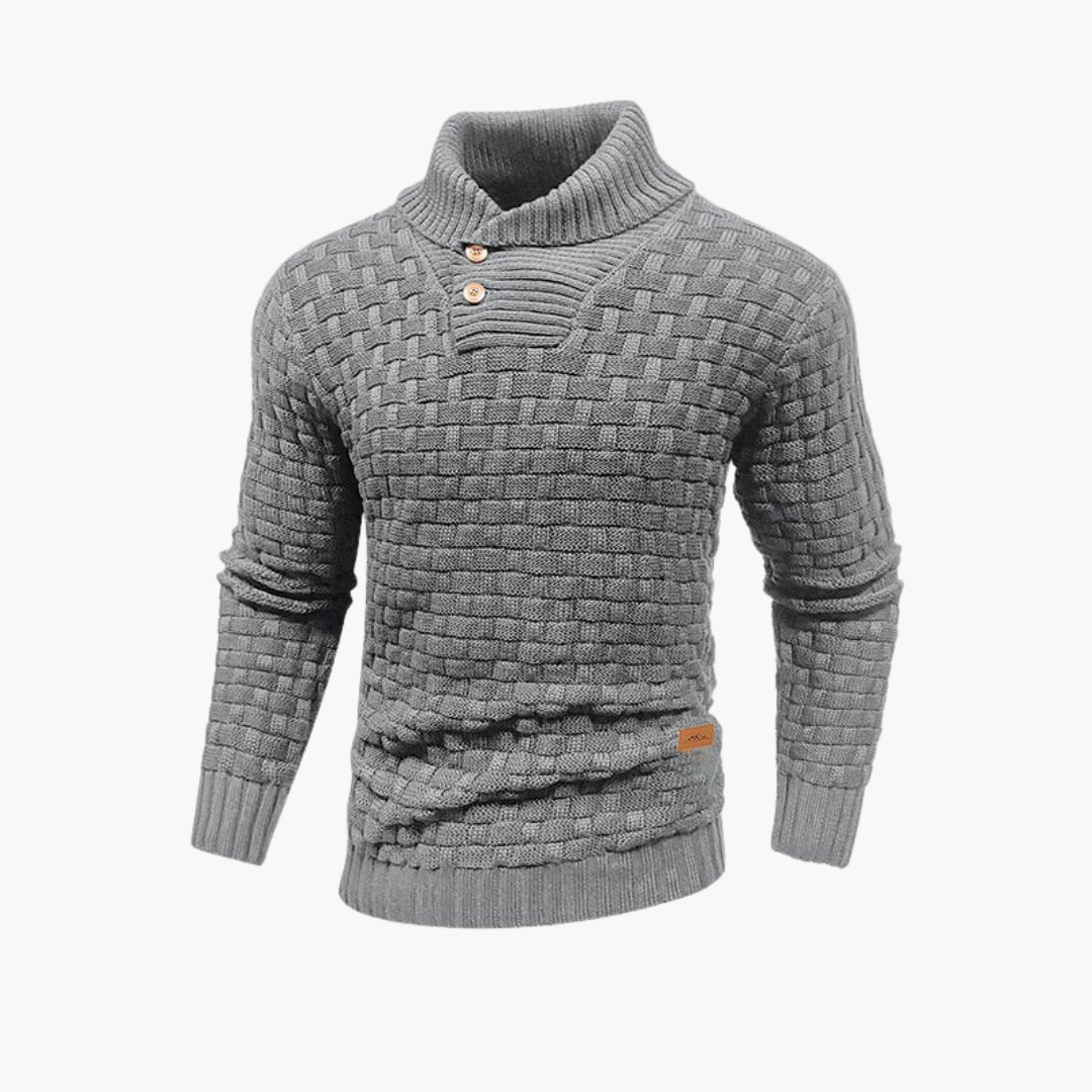 Men's textured knit sweater stand-up collar button placket ribbed cuffs smart-casual pullover