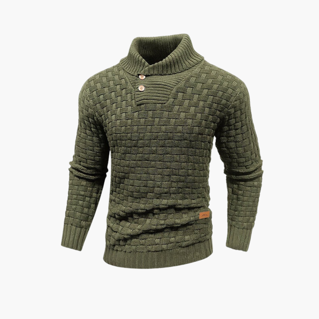 Men's stand-up collar knit sweater with button placket, textured finish, and ribbed cuffs