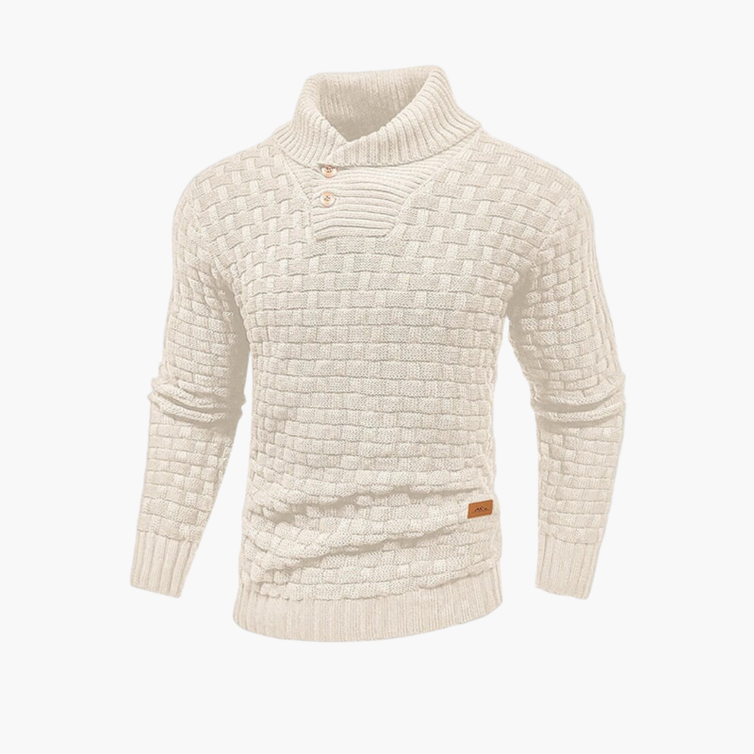 Men's stand-up collar knit sweater with button placket, textured finish, and ribbed cuffs