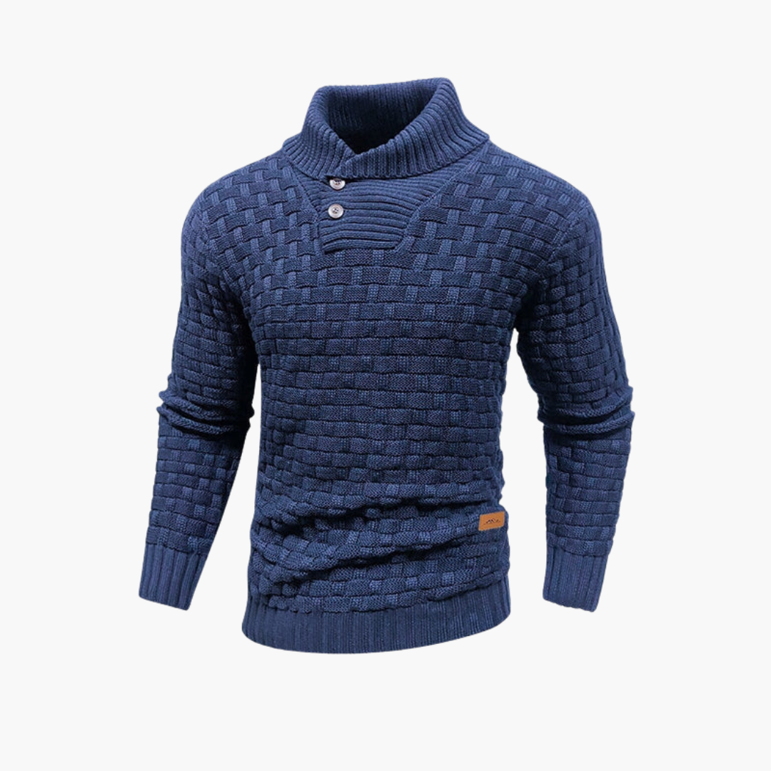 Men's stand-up collar knit sweater with button placket, textured finish, and ribbed cuffs