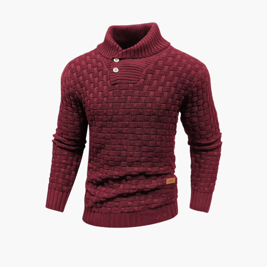 Men's textured knit sweater stand-up collar button placket ribbed cuffs smart-casual pullover