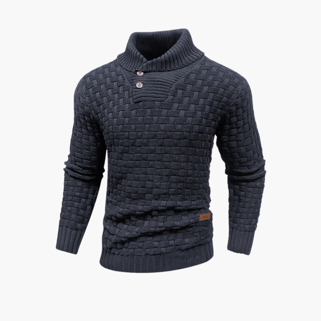 Men's textured knit sweater stand-up collar button placket ribbed cuffs smart-casual pullover