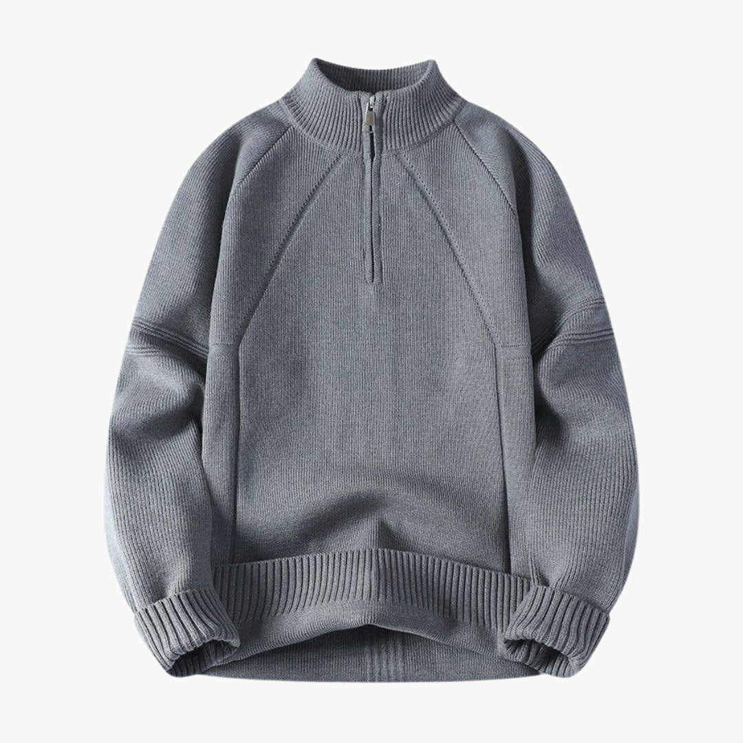 Men's textured knit zip-up mock neck sweater in neutral tone, half-zip closure everyday essential