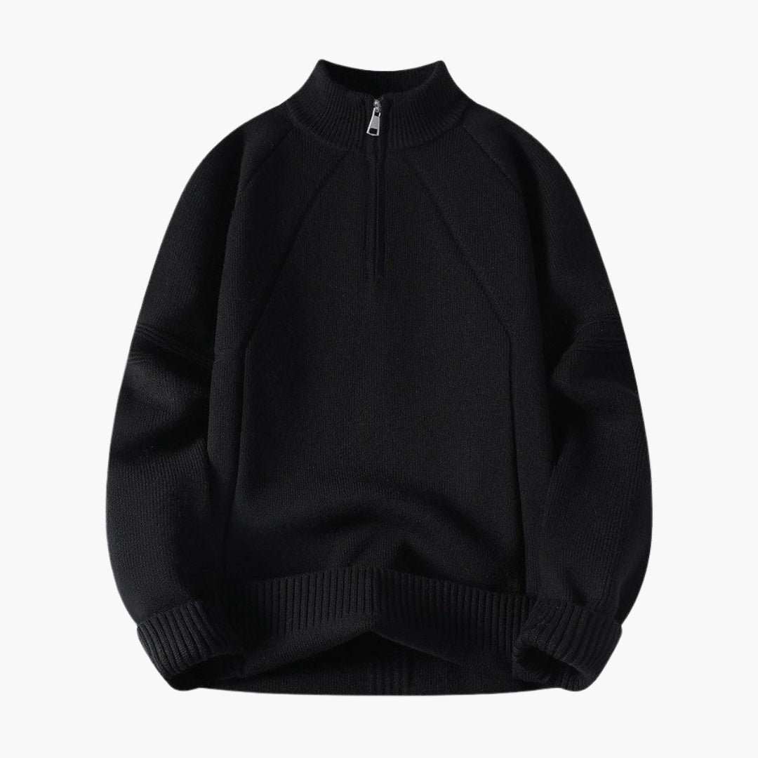 Men's charcoal zip-up mock neck sweater with textured knit pattern and half-zip closure