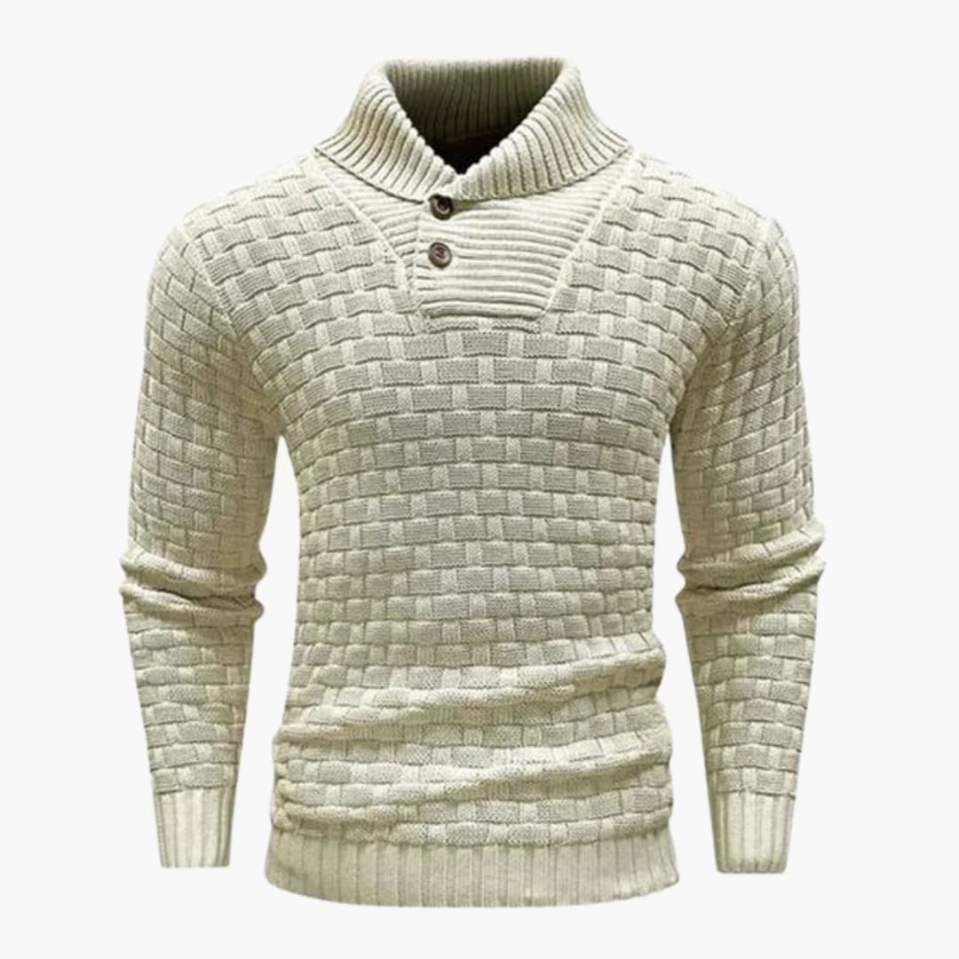 Men's gray structured knit pullover sweater with folded collar and two-button placket smart casual