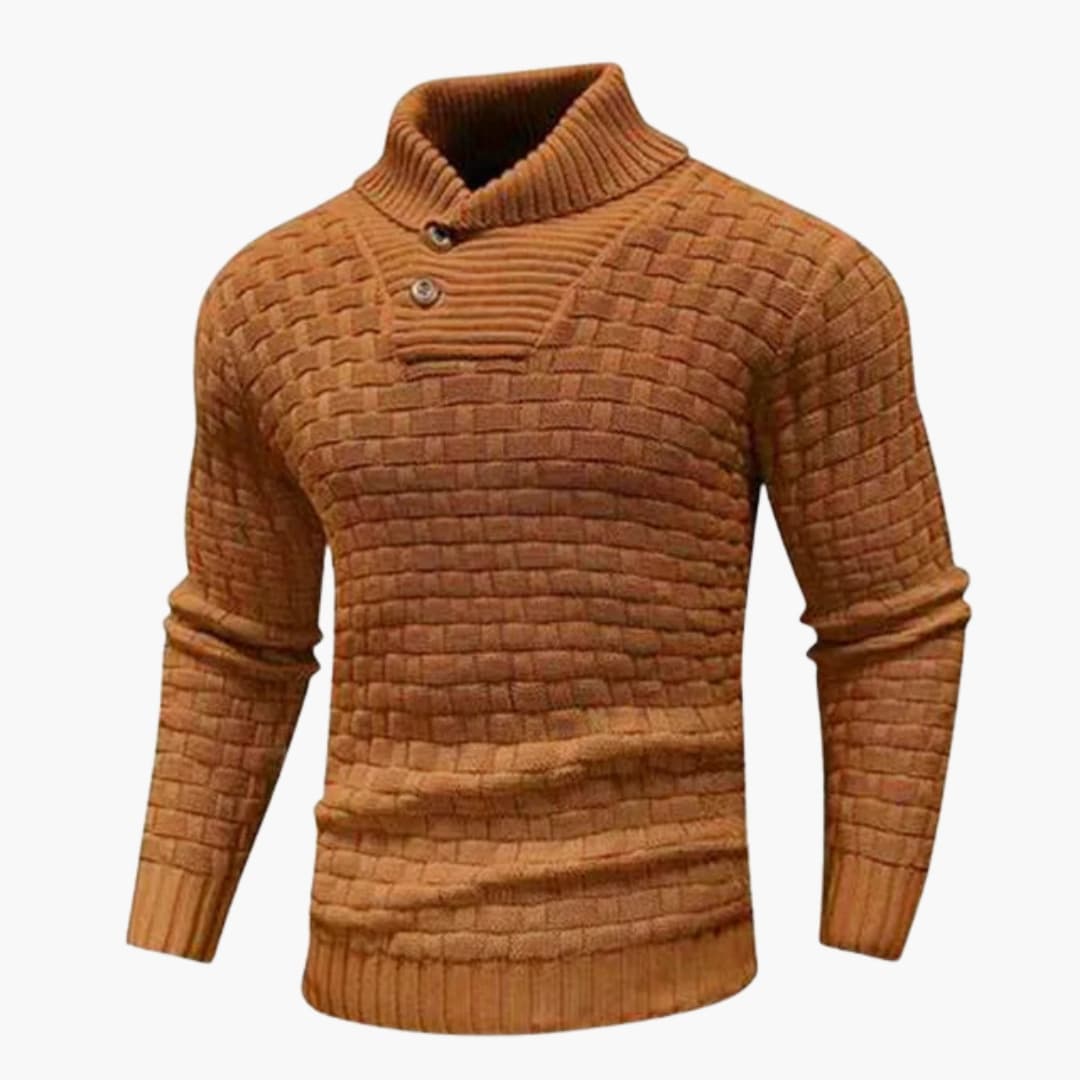 Men's gray structured knit pullover sweater with folded collar and buttoned placket for smart casual wear