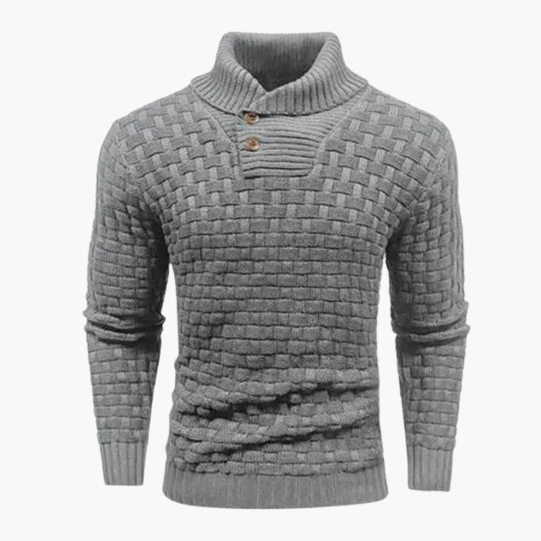 Men's gray pullover sweater folded collar buttoned placket square textured knit smart casual fit