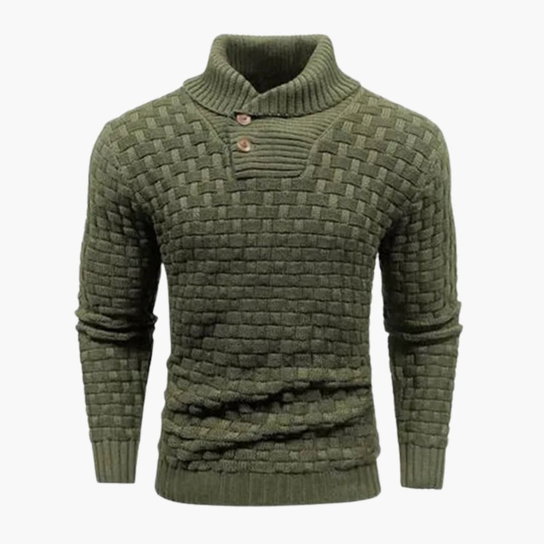 Men's navy pullover sweater folded collar buttoned placket structured square textured knit smart casual
