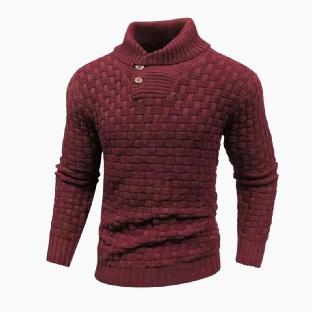 Men's gray pullover sweater folded collar buttoned placket square textured knit smart casual fit