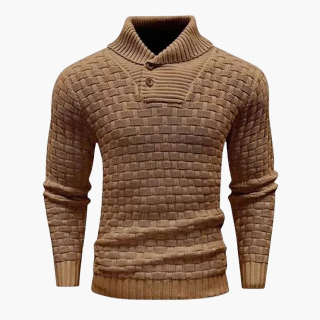Men's gray pullover sweater folded collar buttoned placket square textured knit smart casual fit