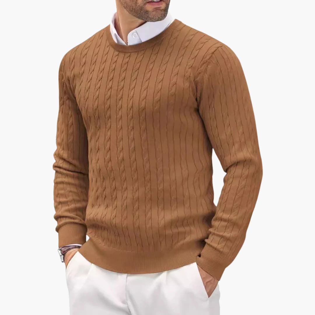Men's fine knit round neck sweater with long sleeves, ribbed cuffs, and straight hem classic fit
