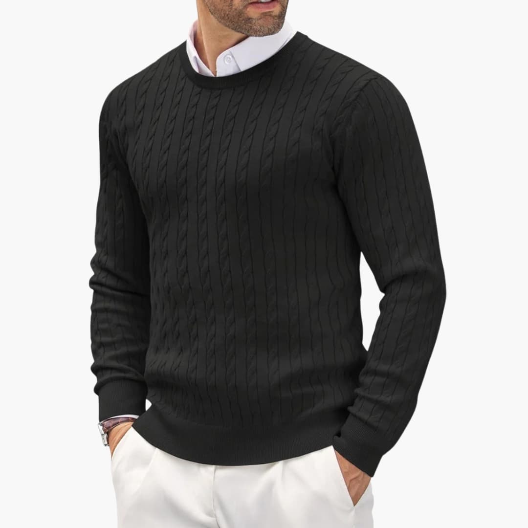 Men's fine knit round neck sweater with long sleeves, ribbed cuffs, and straight hem classic fit
