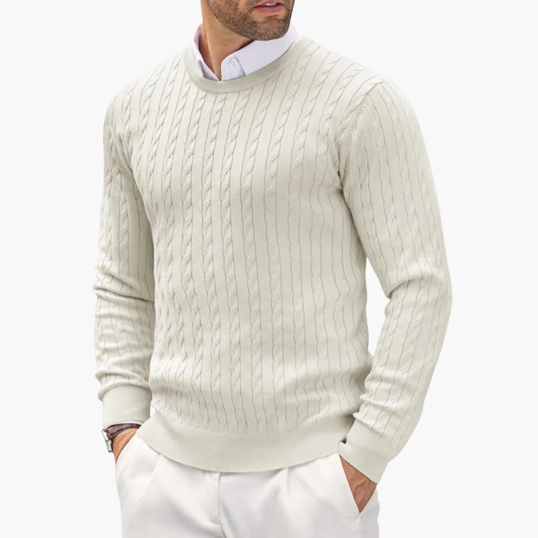 Men's fine knit round neck sweater with long sleeves, ribbed cuffs, and straight hem classic fit