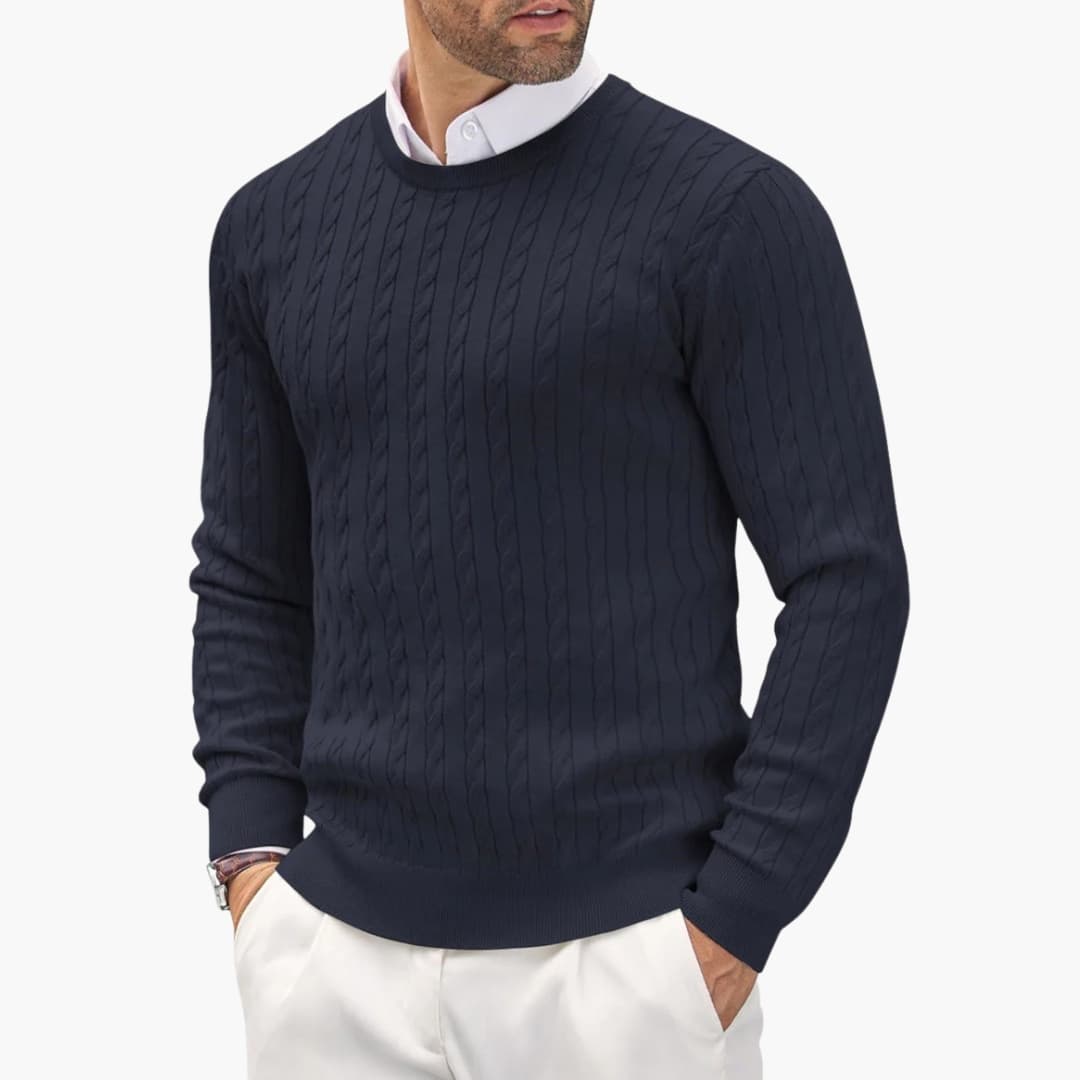 Men's fine knit round neck sweater with long sleeves, ribbed cuffs, and straight hem classic fit