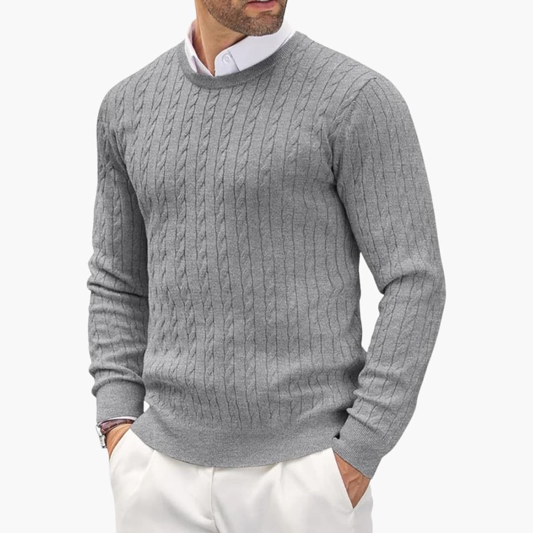 Men's fine knit round neck sweater with long sleeves, ribbed cuffs, and straight hem classic fit