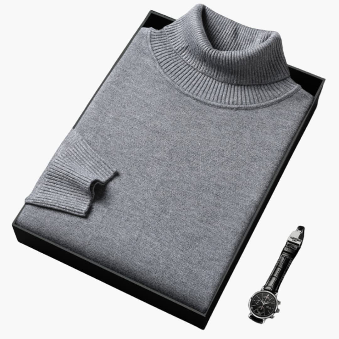 Men's slim fit black turtleneck sweater with long sleeves and ribbed cuffs for modern everyday style