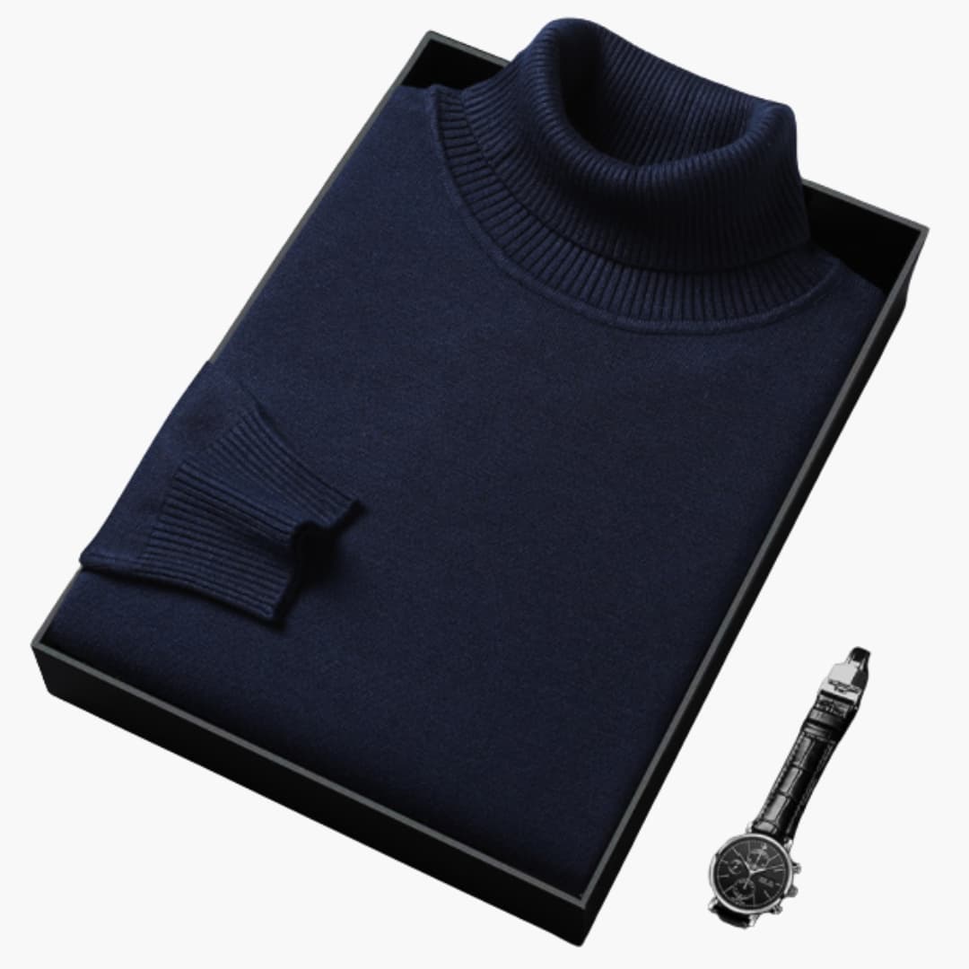 Men's slim fit black turtleneck sweater with long sleeves and ribbed cuffs for modern everyday style