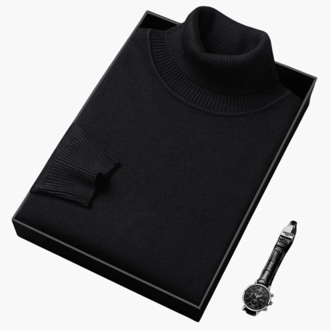 Men's slim fit black turtleneck sweater with long sleeves and ribbed cuffs for modern everyday style