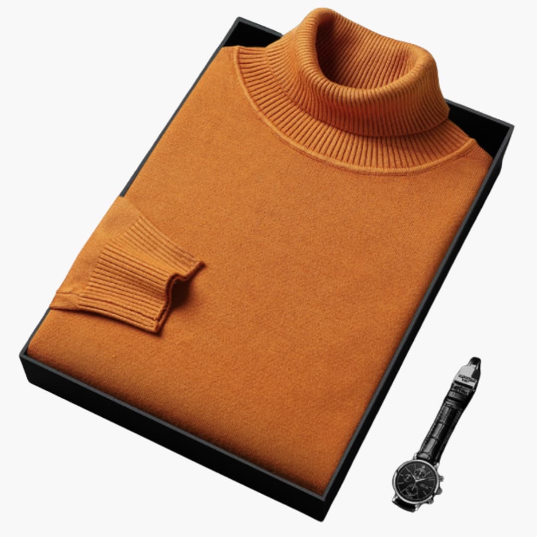 Men's slim fit black turtleneck sweater with long sleeves and ribbed cuffs for a modern minimalist look