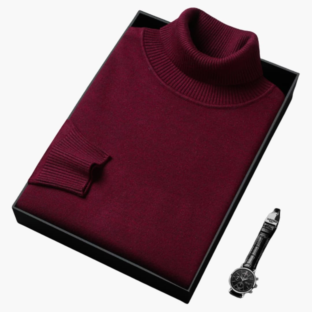 Men's slim fit black turtleneck sweater with long sleeves and ribbed cuffs for modern everyday style