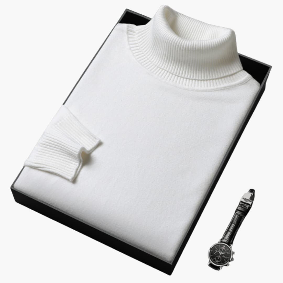 Men's slim fit black turtleneck sweater with long sleeves and ribbed cuffs for modern everyday style