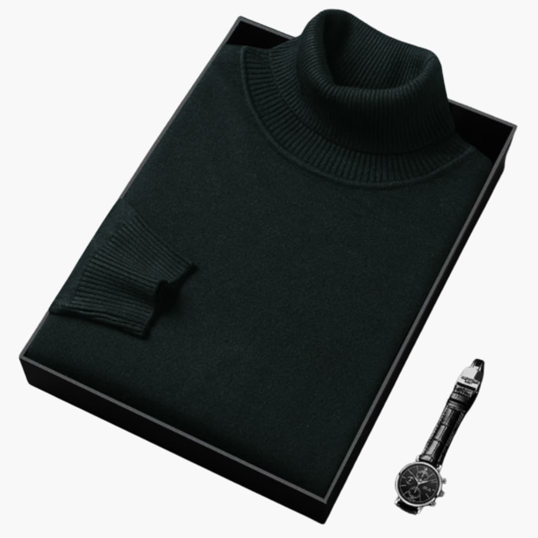 Men's slim fit black turtleneck sweater with long sleeves and ribbed cuffs for refined everyday style