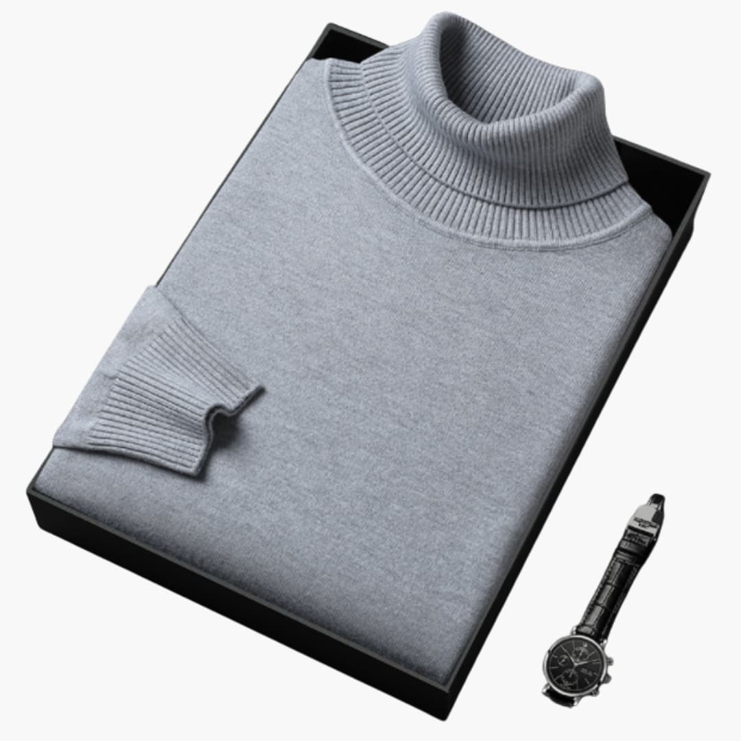 Men's slim fit black turtleneck sweater with long sleeves and ribbed cuffs for modern everyday wear