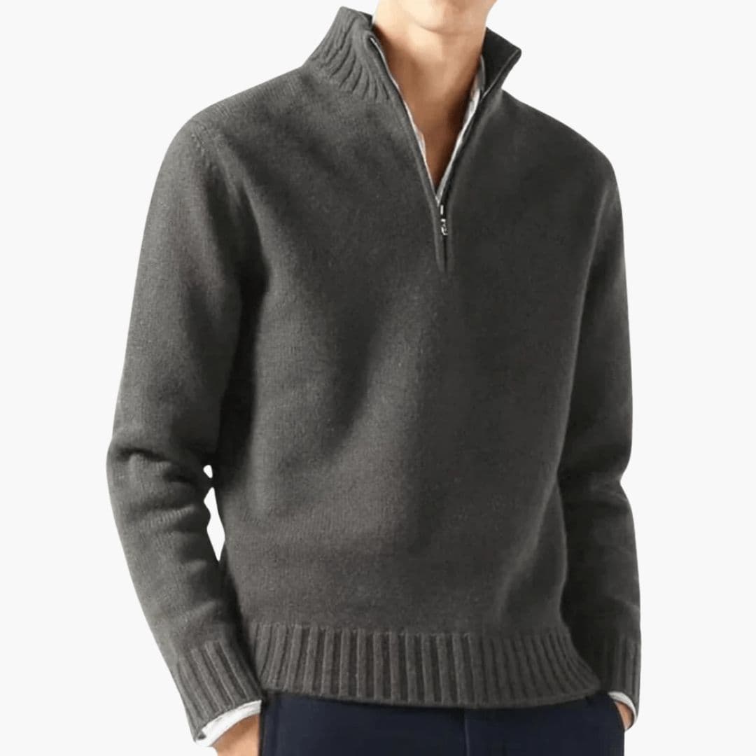 Men's zip collar pullover sweater ribbed hem regular fit versatile stand-up collar long sleeves
