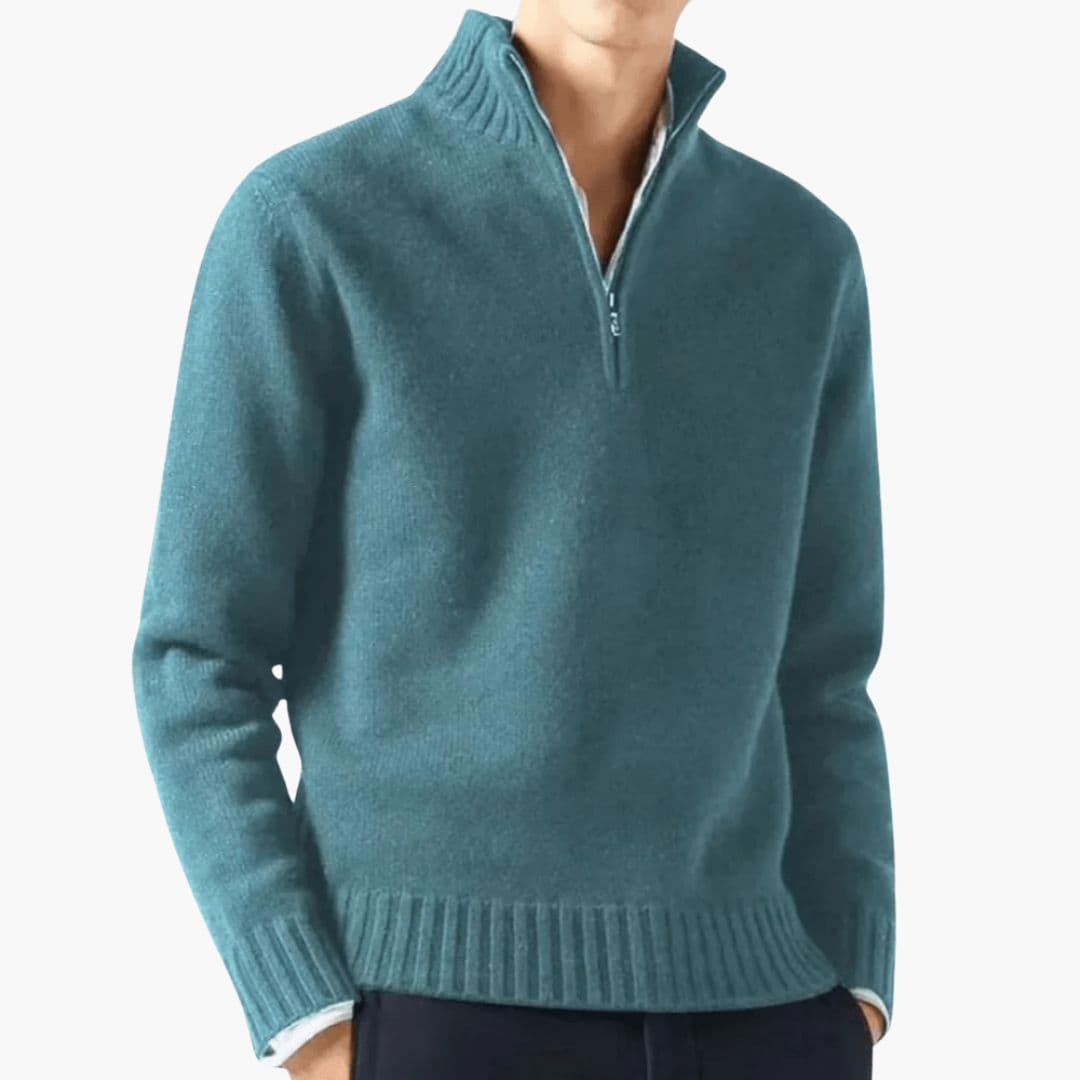 Men's zip collar pullover sweater regular fit with ribbed hem and stand-up collar versatile style
