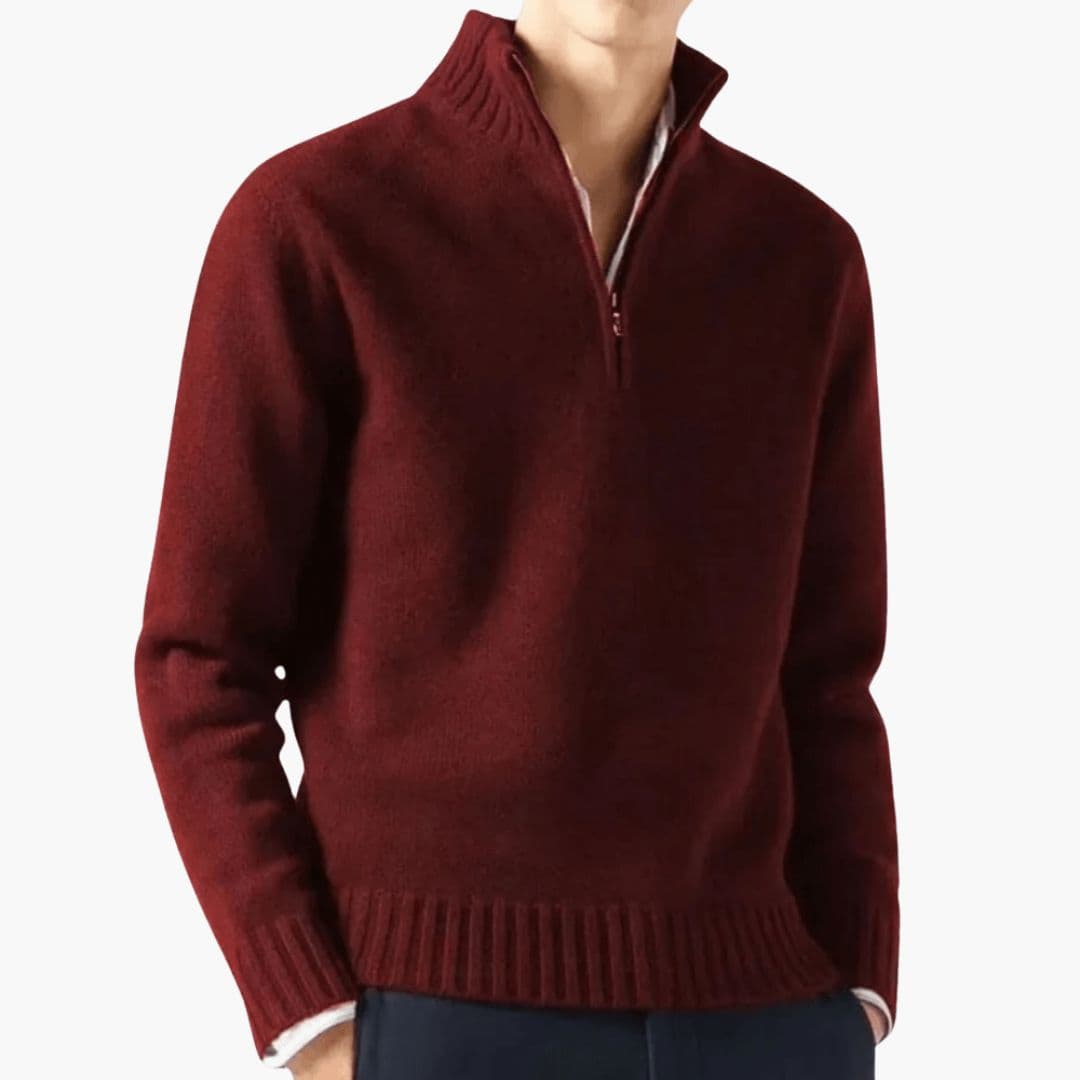 Men's zip collar pullover sweater regular fit with ribbed hem and stand-up collar for layering