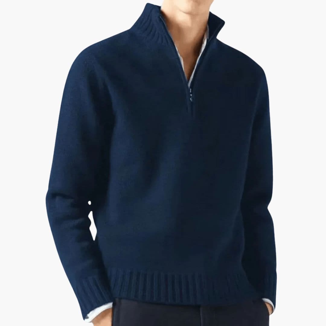 Men's zip collar pullover sweater regular fit with ribbed hem and stand-up collar for layering