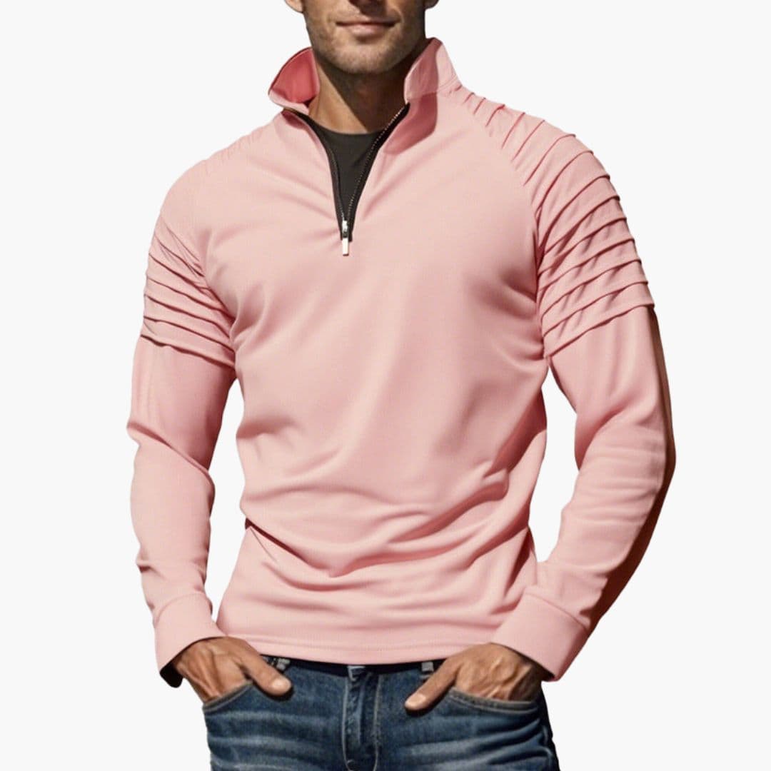 Men's half-zip pullover sweater, textured sleeves, stand-up collar, structured knit, modern sporty style