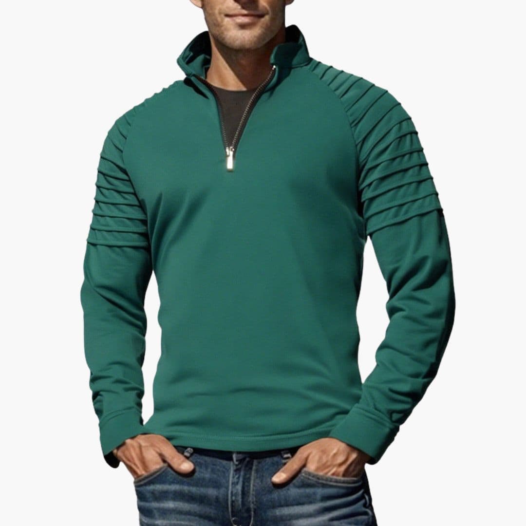 Men's half-zip pullover sweater neutral tones textured sleeves stand-up collar structured knit