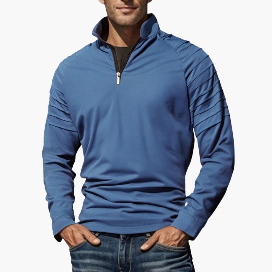 Men's half-zip pullover sweater, textured sleeves, stand-up collar, structured knit, modern sporty style