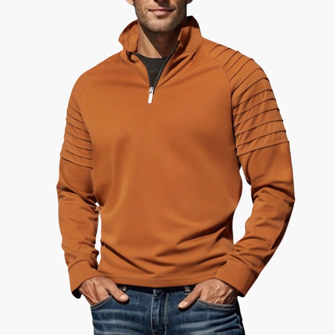 Men's gray half-zip knit pullover with textured sleeves, stand-up collar, structured sporty fit