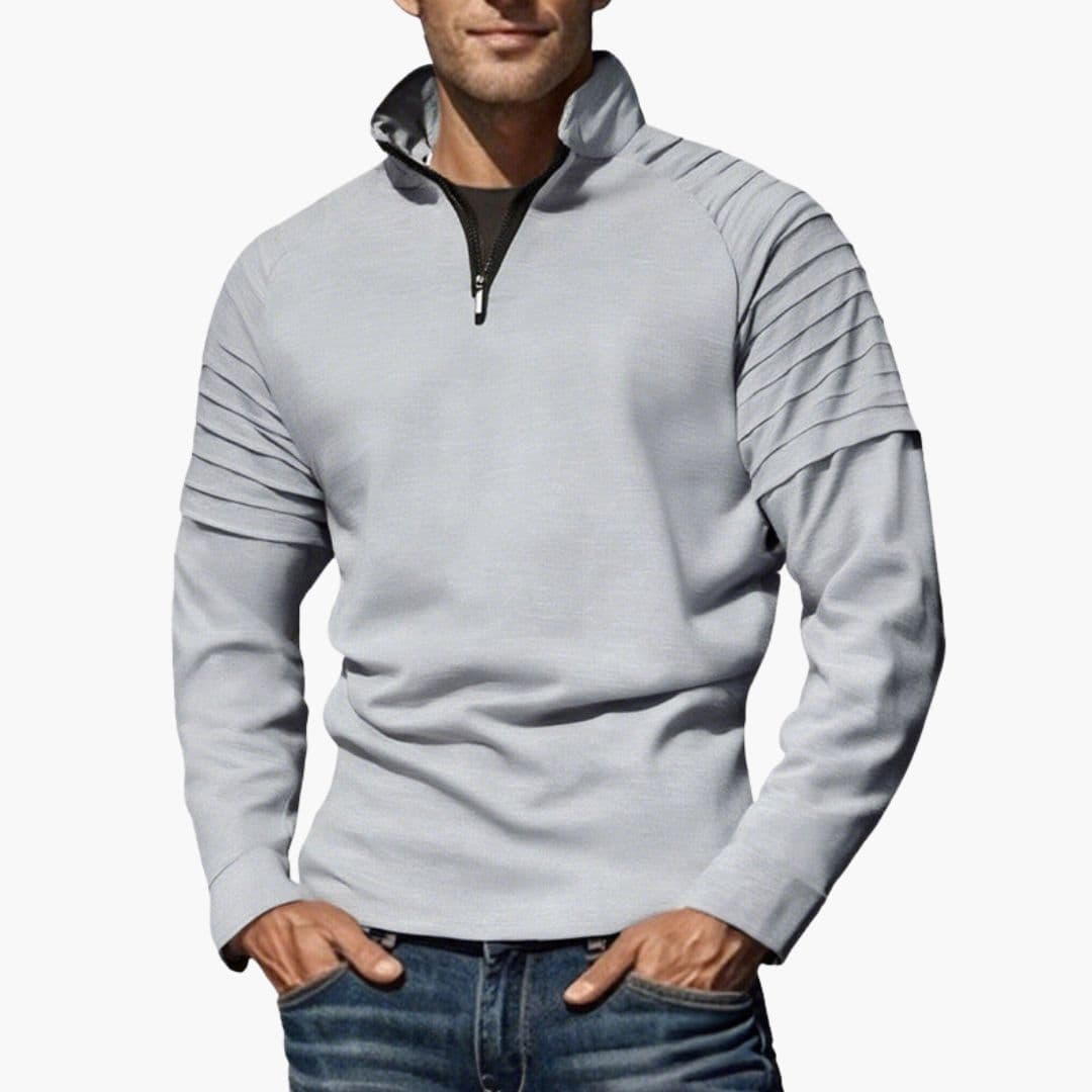 Men's half-zip pullover sweater with textured sleeves, stand-up collar, structured knit, modern sporty style
