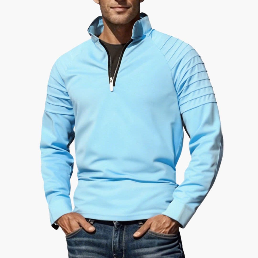 Men's half-zip pullover sweater with textured sleeves, stand-up collar, structured knit, versatile sporty style