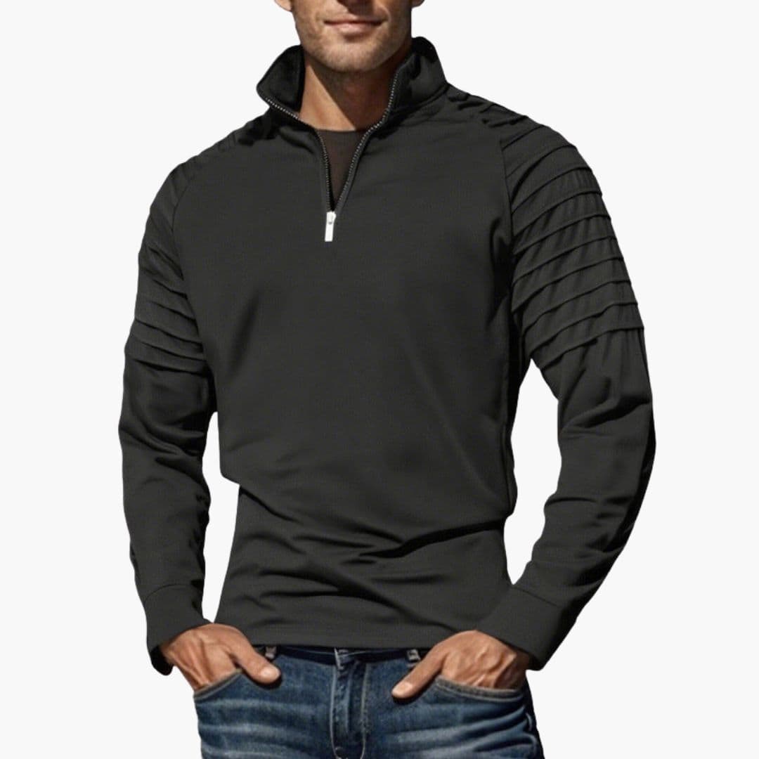 Men's gray half-zip pullover sweater with textured sleeves, stand-up collar, structured knit, sporty modern fit