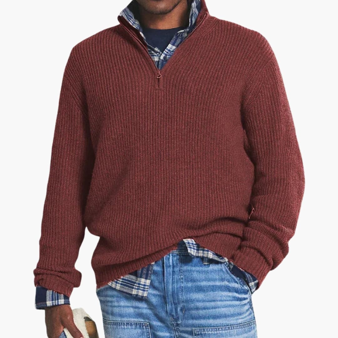 Men's ribbed half-zip pullover with stand-up collar, casual everyday knit sweater for layering