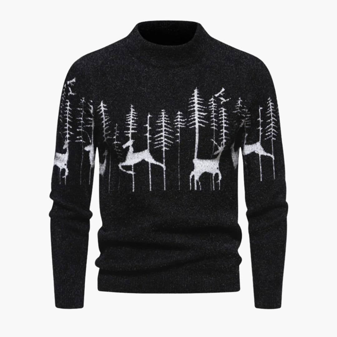 Men's high neck knit sweater with reindeer fir tree pattern, cozy pullover for festive winter warmth