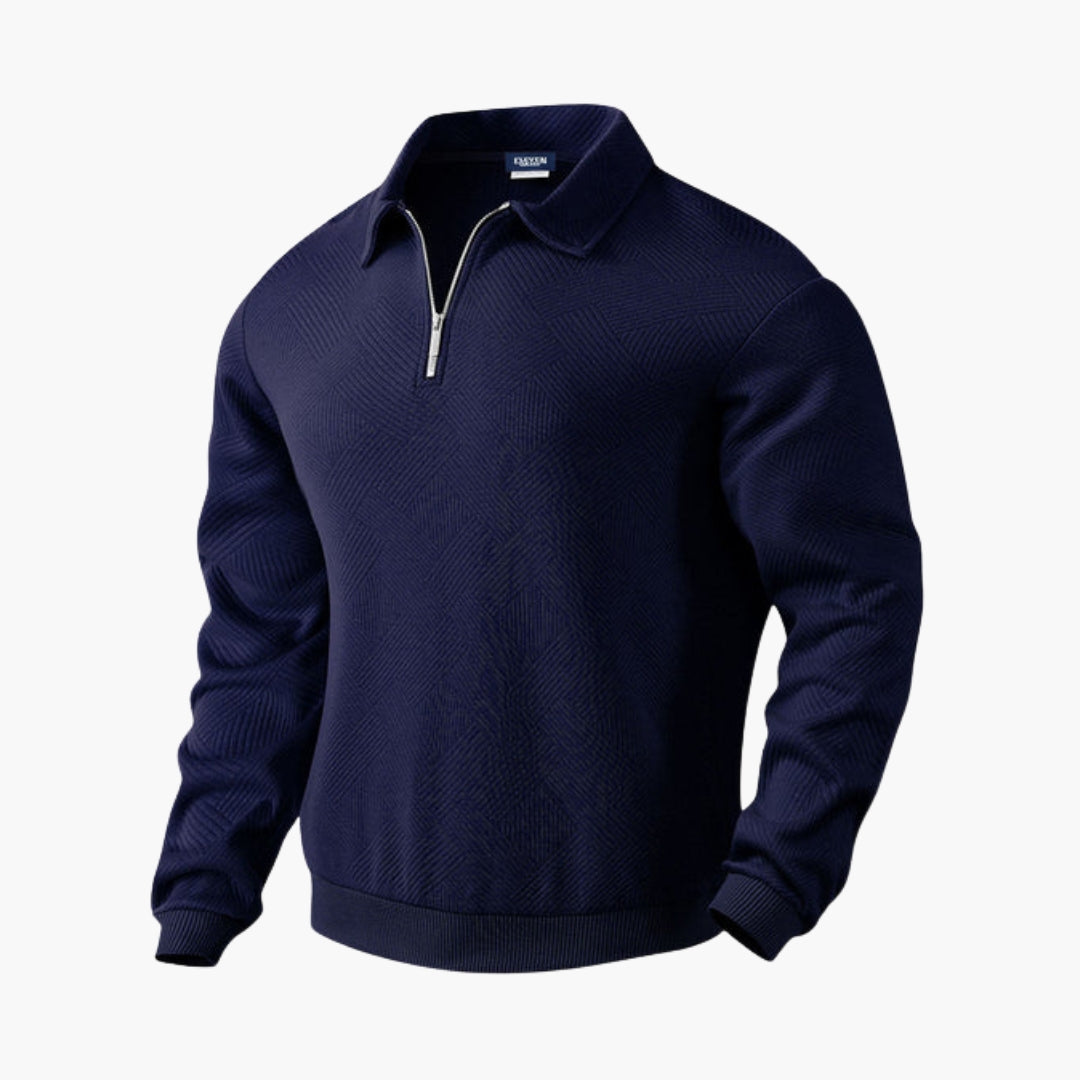 Men's navy half-zip sweater with textured geometric pattern, ribbed edges, and folded collar